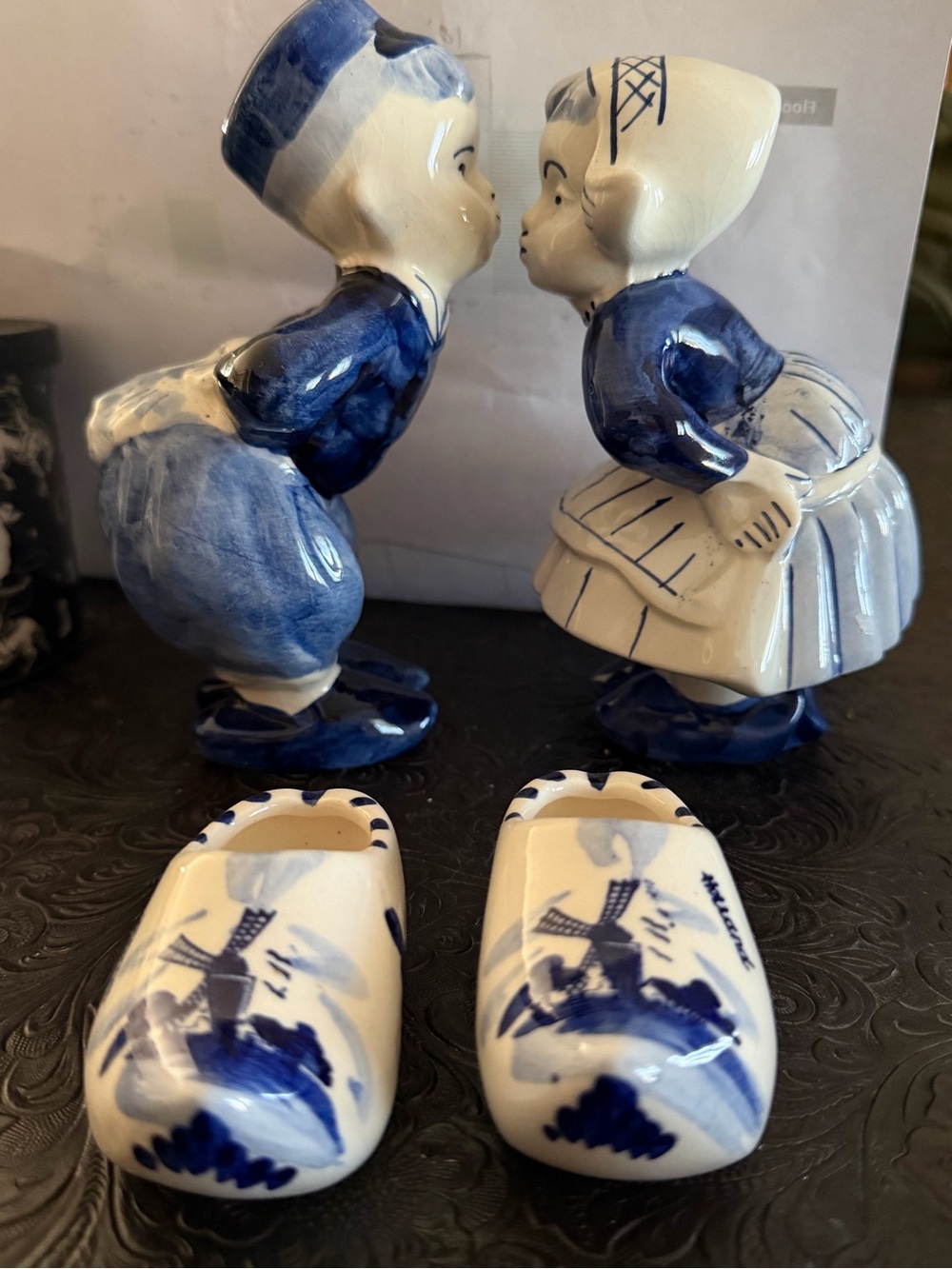 Blue & White Delft-Style Boy and Girl Figurine Pair with Mini Clogs